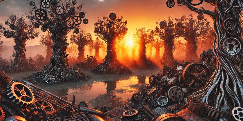 Imágenes de arte digital. Ecos de hierro: el bosque al atardecer